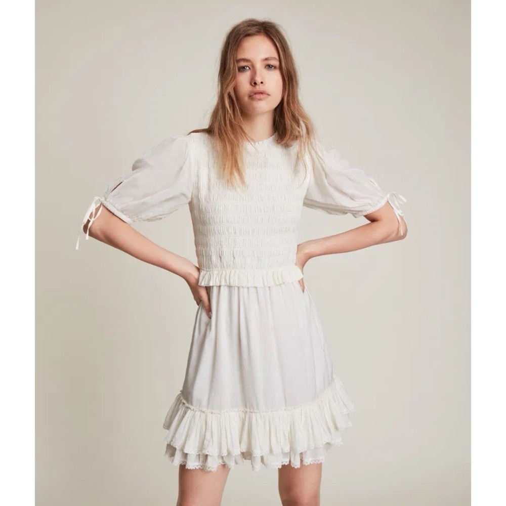 Allsaints Ivory Smocked Ruffle Jaya Mini‎ Dress Sz 8 Romantic Cottagecore